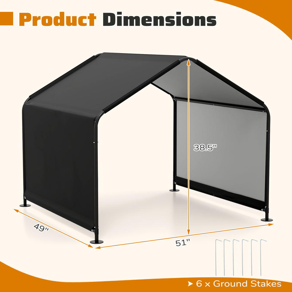 Dimensions of the Dog Shade Shelter with waterproof roof, measuring 49" x 51" and 38.5" high, includes 6 ground stakes.