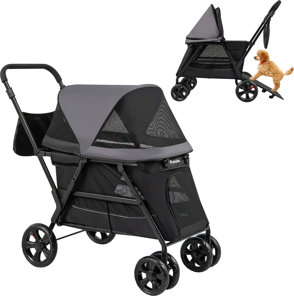 Dog stroller for medium small senior dogs in black with dual entry, adjustable canopy, and large wheels for easy.