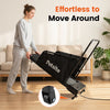 Dog treadmill with remote control and LCD display, featuring built-in wheels for easy movement and compact storage.