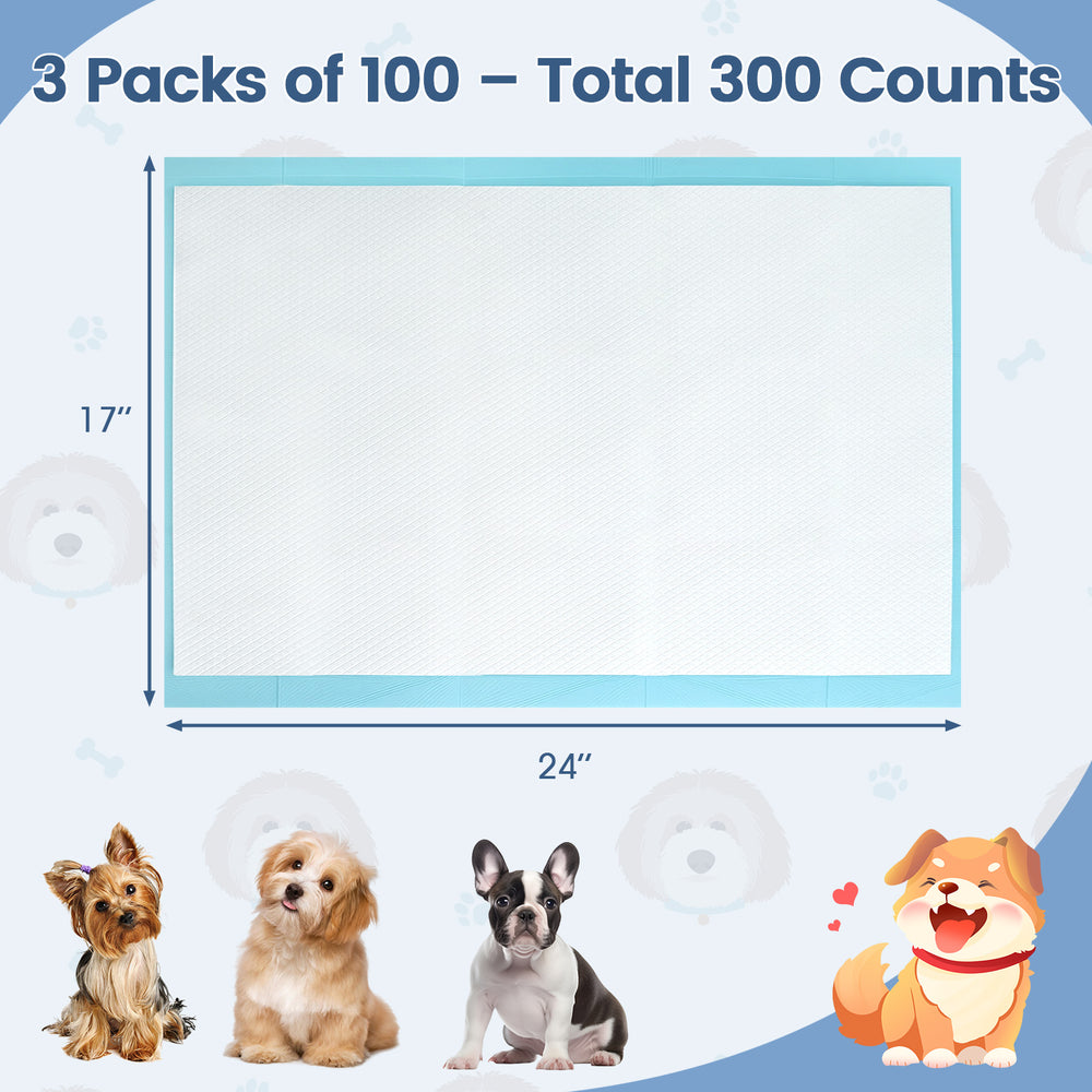 Dog and puppy pee pads, 24" x 17", 300 counts, featuring a 5-layer design for maximum absorption and leak protection.