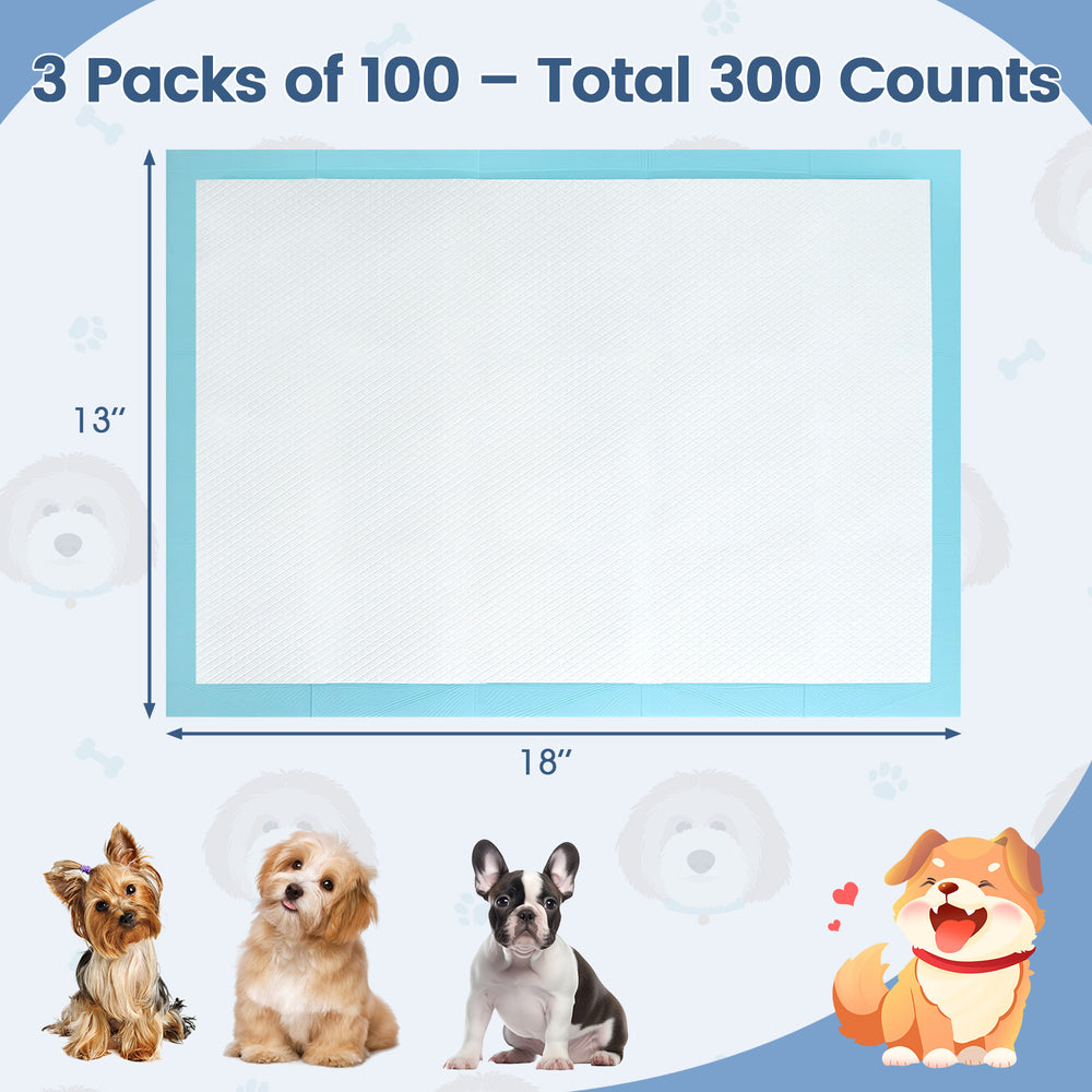 Dog and puppy pee pads, 18" x 13", 300 counts, designed for potty training with maximum absorption and leak protection.