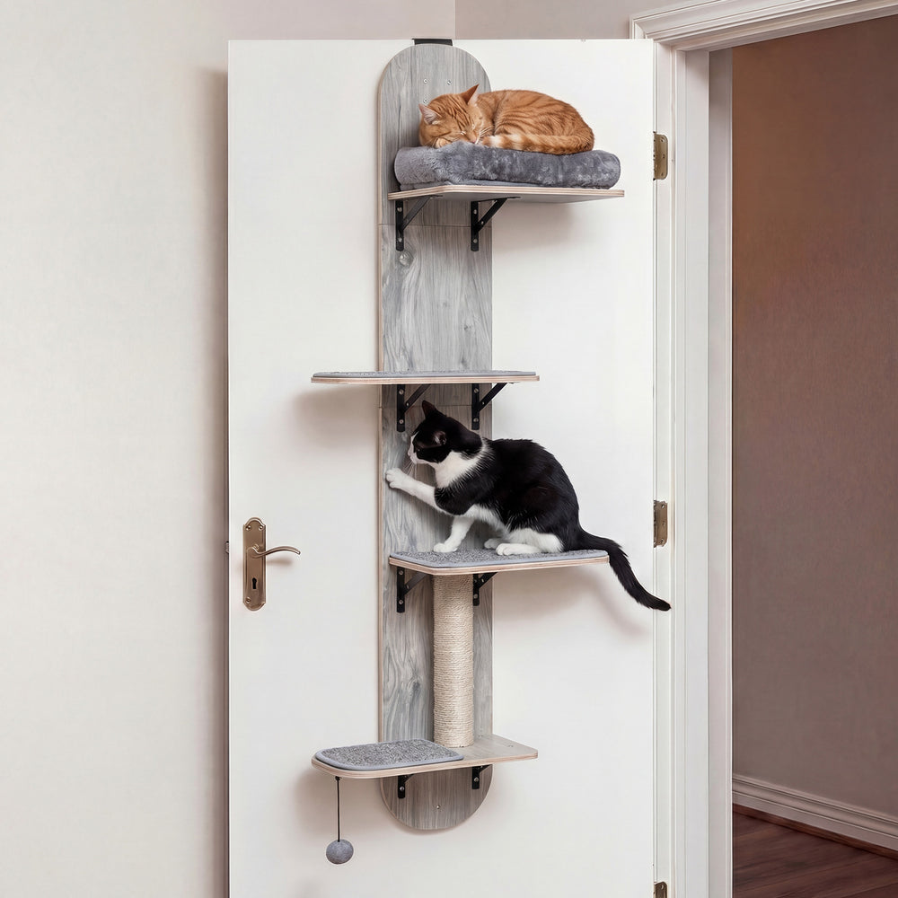 Door hanging cat climber with 4 adjustable levels, plush bed, and scratching post for indoor cat play and relaxation.