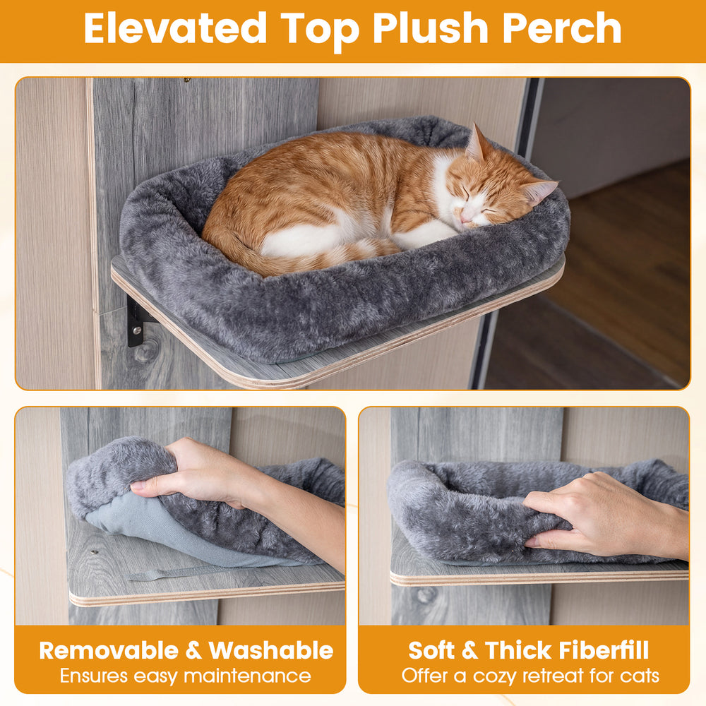 Elevated plush perch for cats with soft fiberfill, adjustable height, and removable washable bed for easy maintenance.