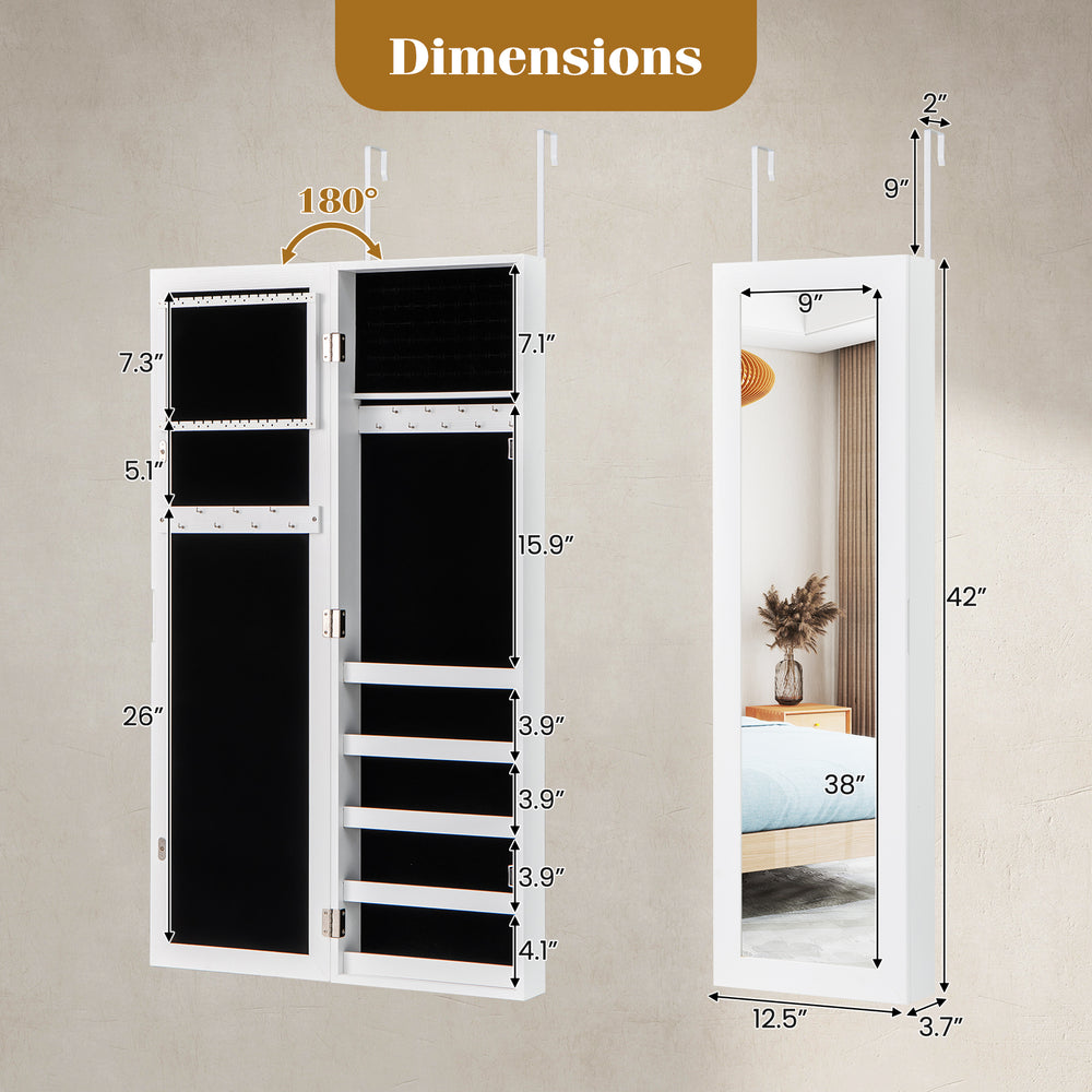 Dimensions of the Door and Wall Mounted Armoire Jewelry Cabinet with Full-Length Mirror, showcasing storage and mirror.