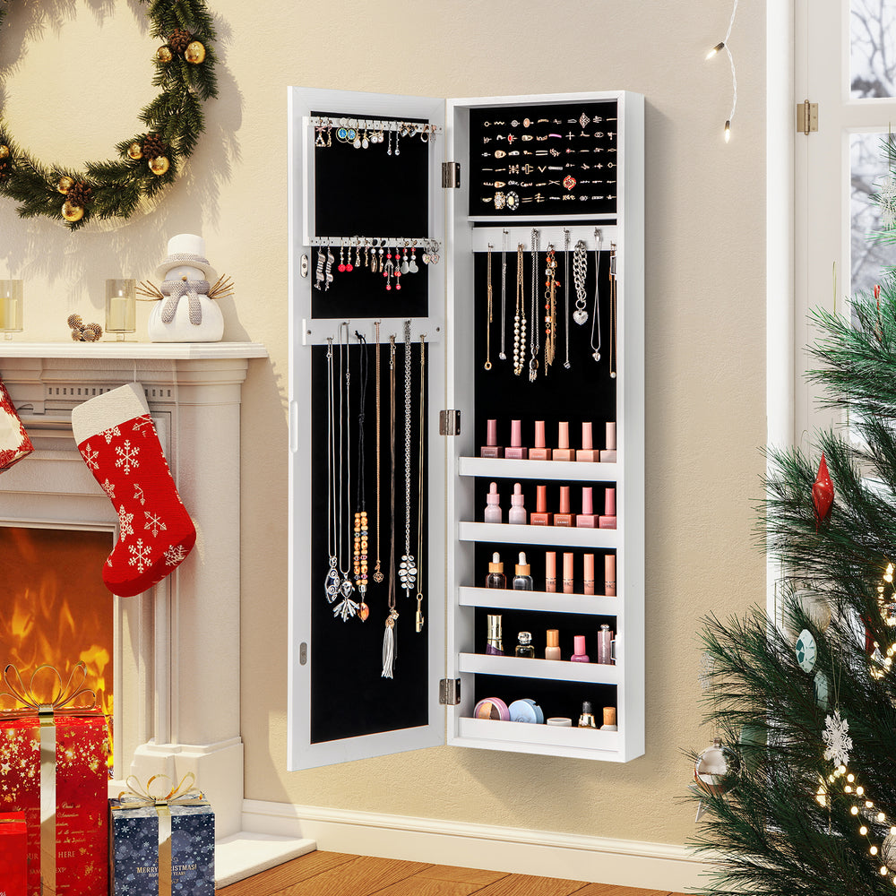 Jewelry cabinet with full-length mirror, featuring organized storage for necklaces, earrings, and cosmetics, wall or.
