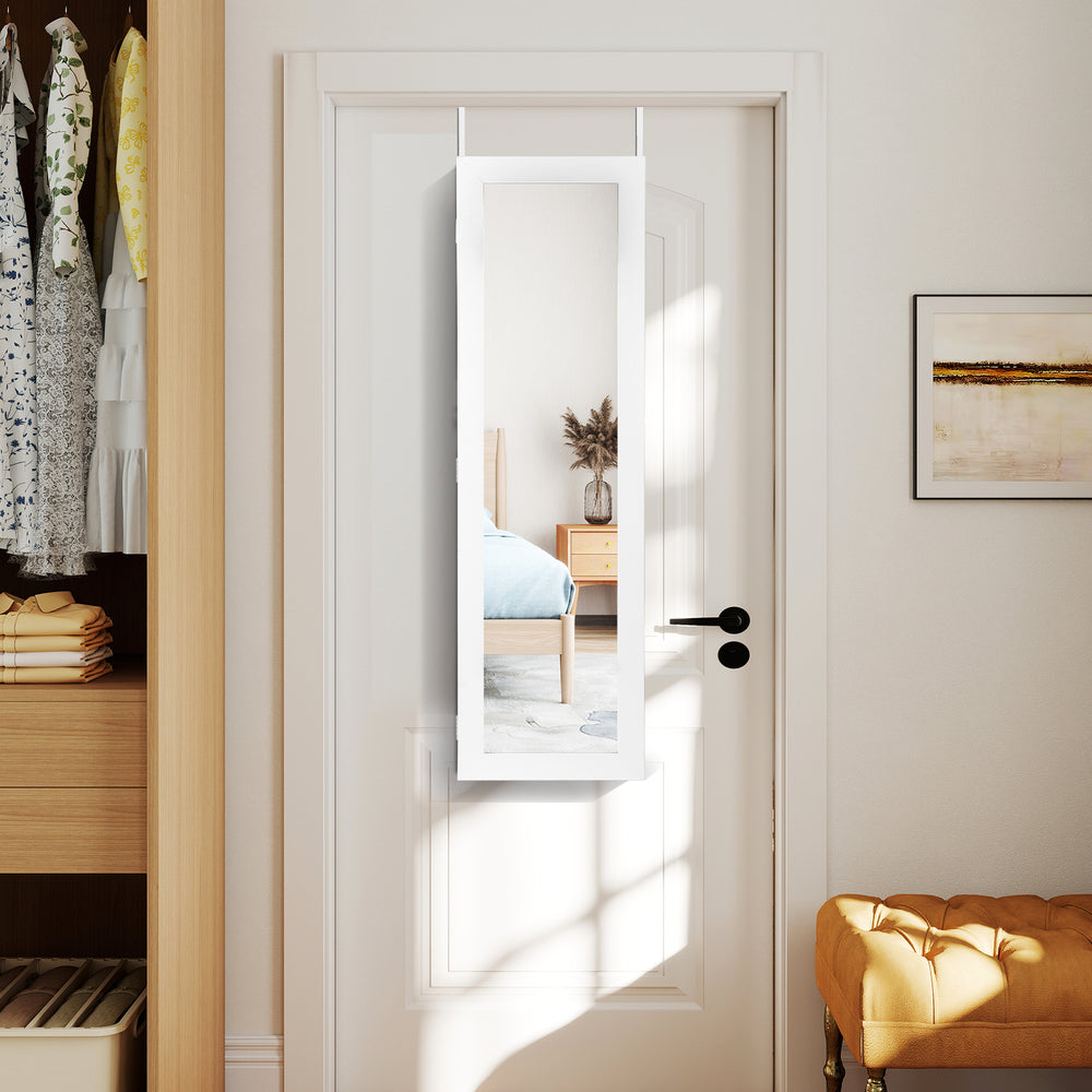Door and wall mounted jewelry cabinet with full-length mirror, featuring soft velvet lining and large capacity for.