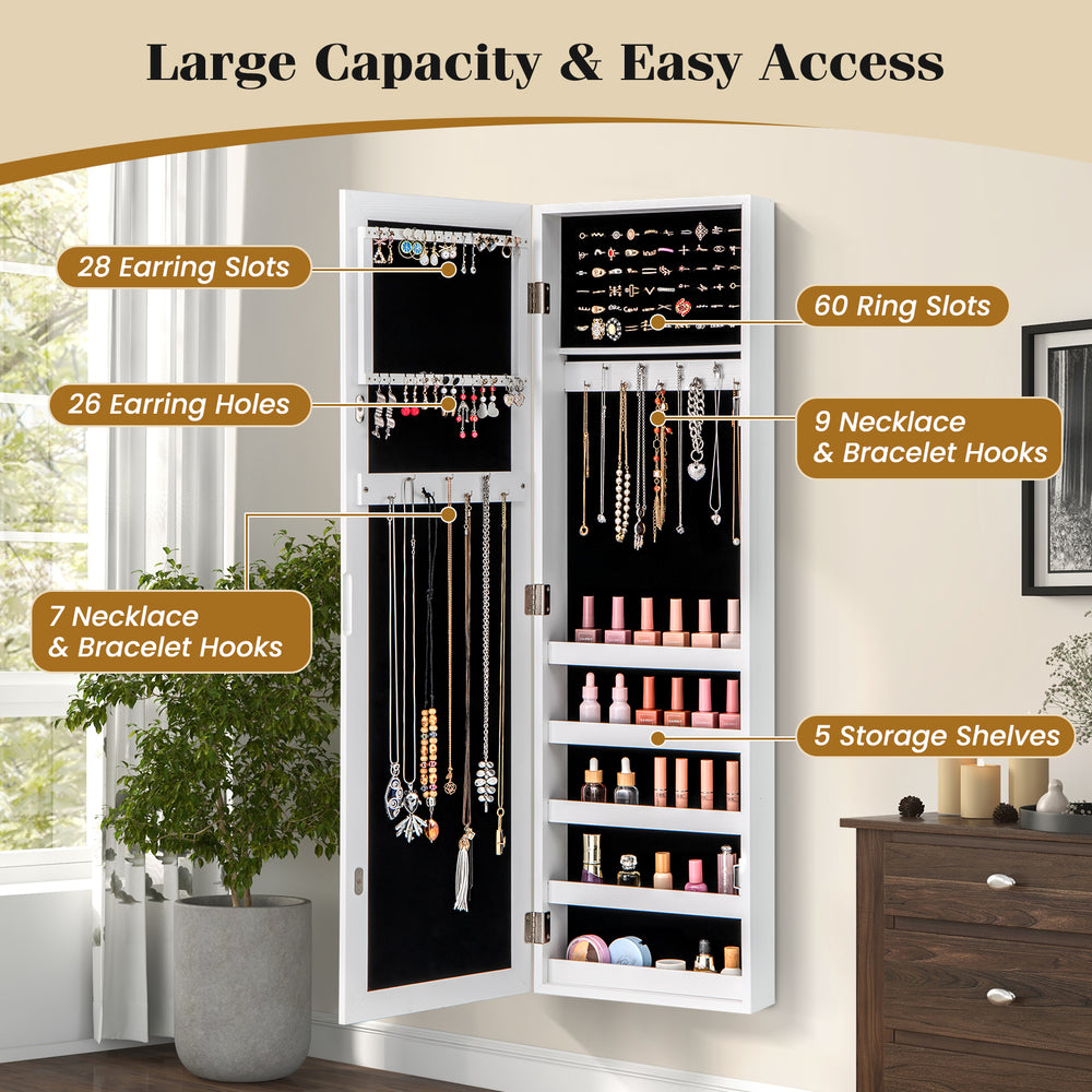 Jewelry cabinet with full-length mirror, featuring 28 earring slots, 60 ring slots, and 5 storage shelves for.