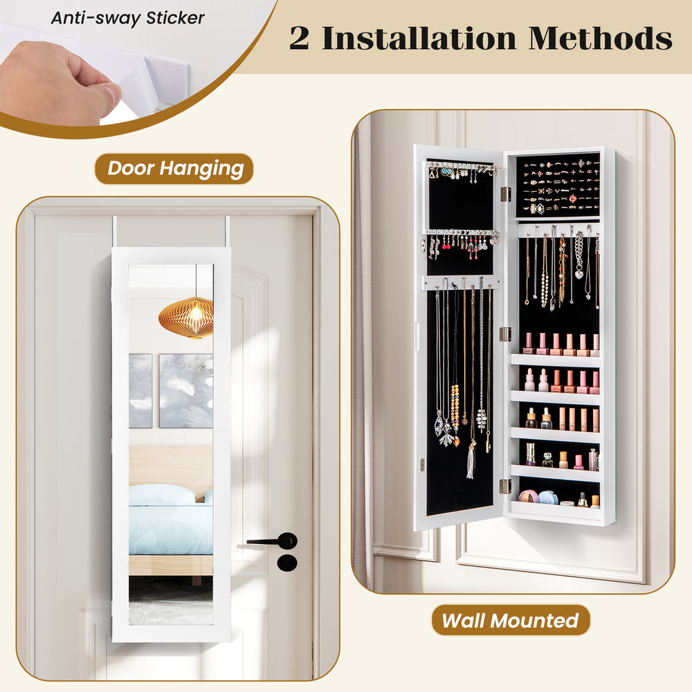 Door and wall mounted jewelry cabinet with full-length mirror, featuring large capacity and soft velvet lining for.