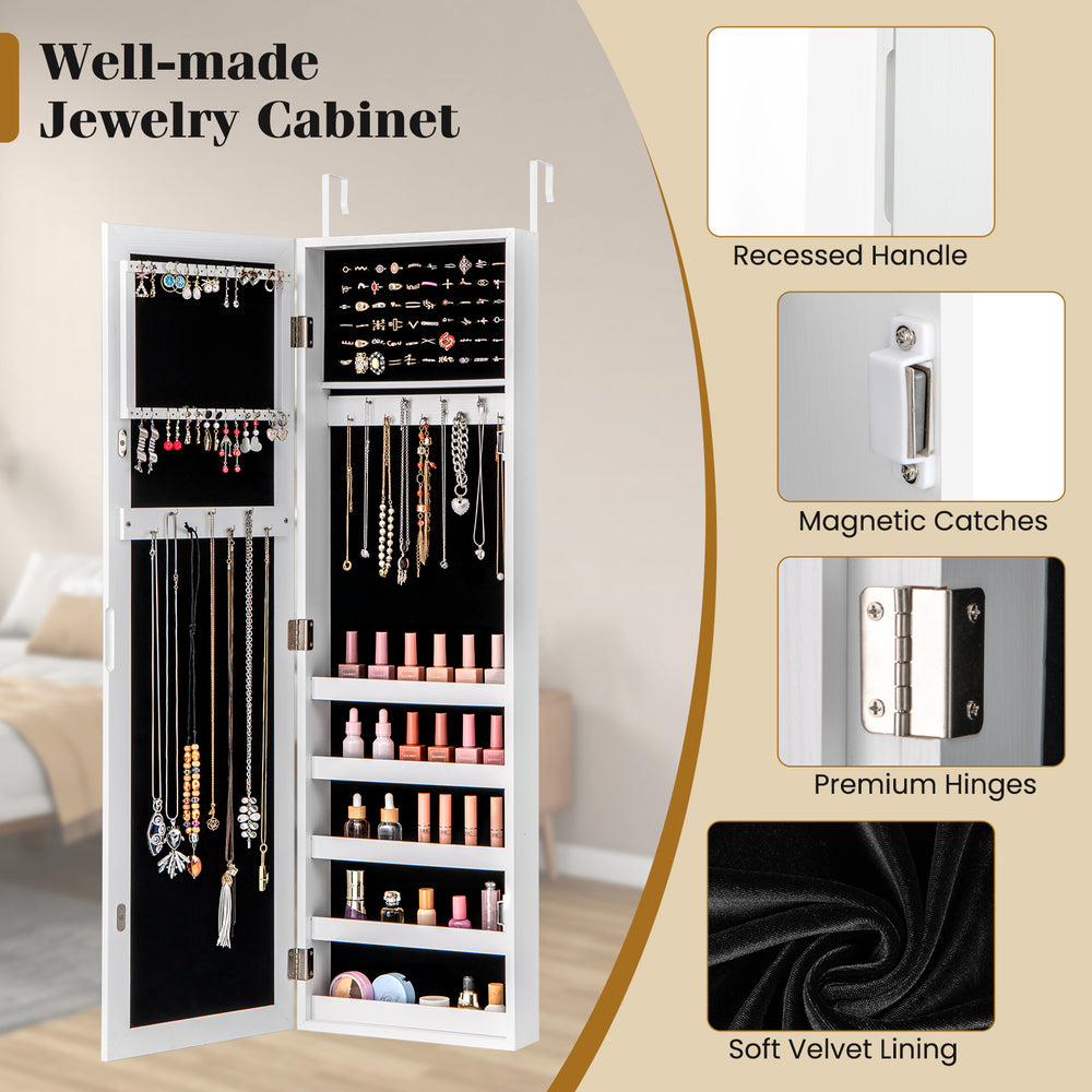 Jewelry cabinet with full-length mirror, soft velvet lining, and magnetic catches, ideal for wall or door mounting.