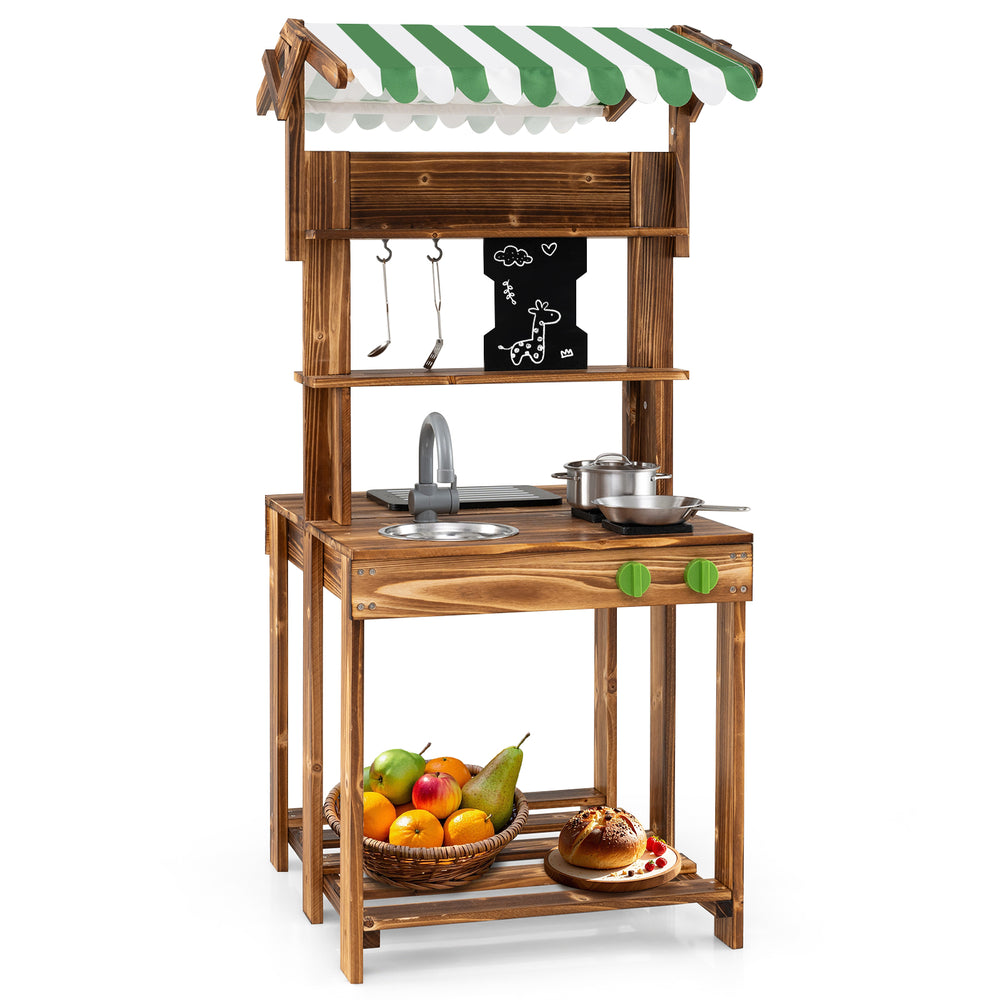 Double-sided mud kitchen with canopy and chalkboard, solid wood construction, perfect for imaginative play for kids 3+.