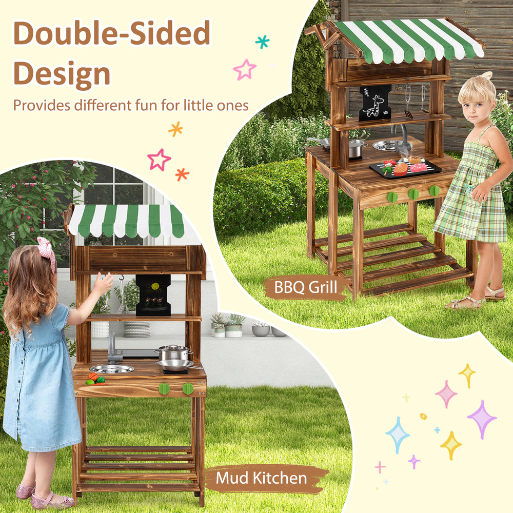 Double-sided mud kitchen with canopy and chalkboard, made of solid wood, perfect for imaginative play and cooking fun.