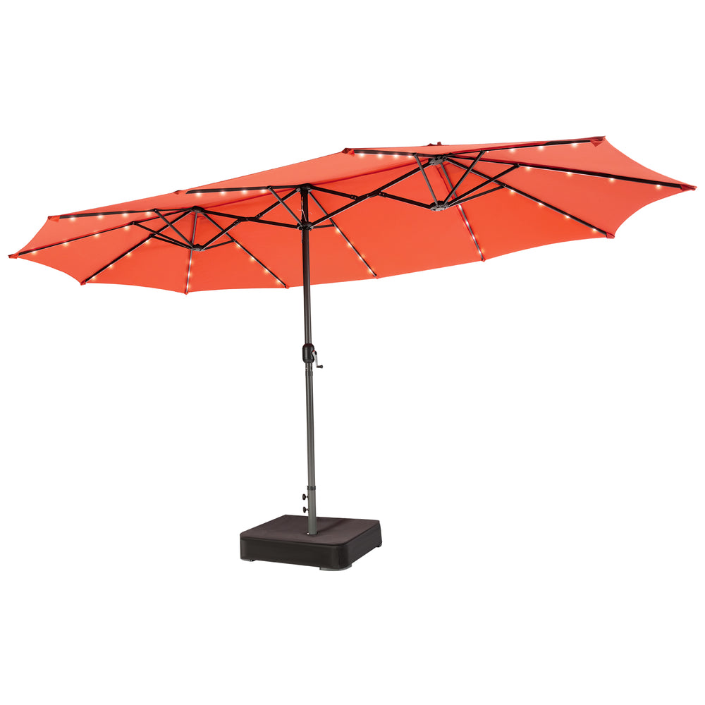 Double-sided 15-foot patio umbrella in orange with 48 LED lights, perfect for garden and backyard shading.