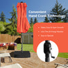 Double-sided 15-foot patio umbrella in orange with 48 LED lights, featuring a hand crank for easy opening and closing.