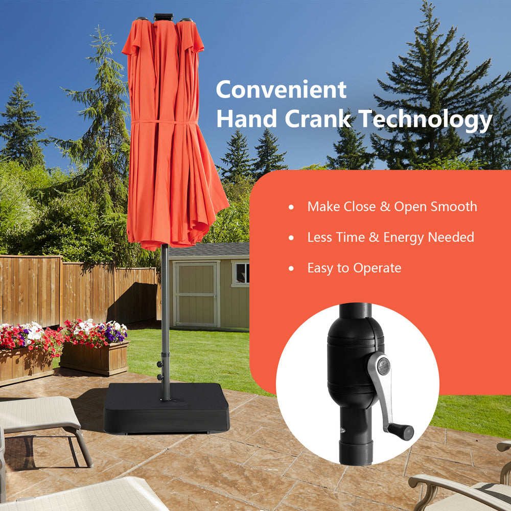 Double-sided 15-foot patio umbrella in orange with 48 LED lights, featuring a hand crank for easy opening and closing.