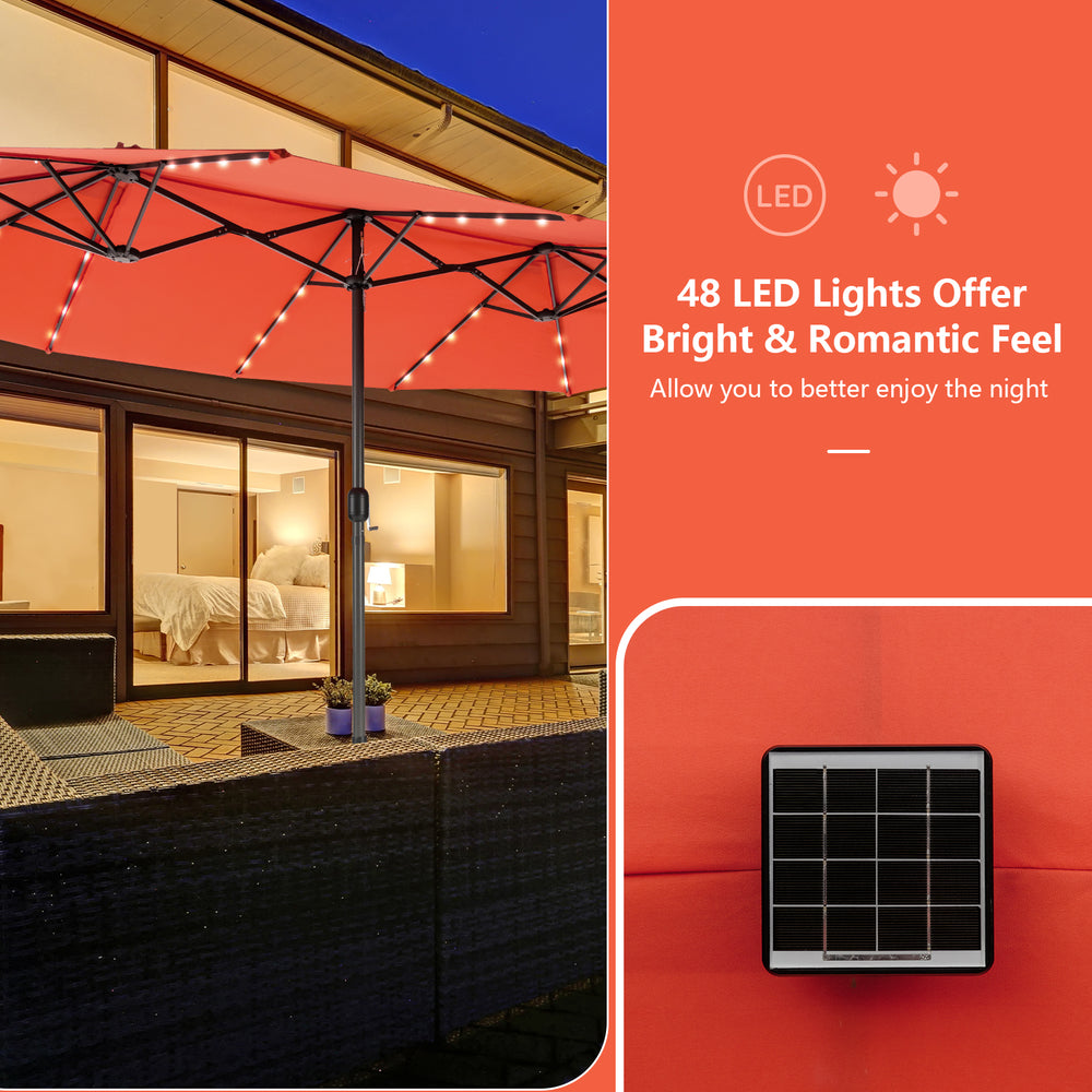 15-foot double-sided patio umbrella in orange with 48 LED lights, ideal for garden and backyard shading.