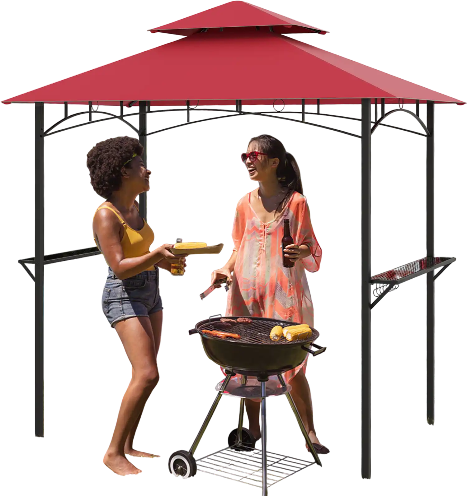 Costway Outdoor Double-Tier Grill Gazebo Canopy w/ 2 Shelves & 7 Hooks Red 85721346 New