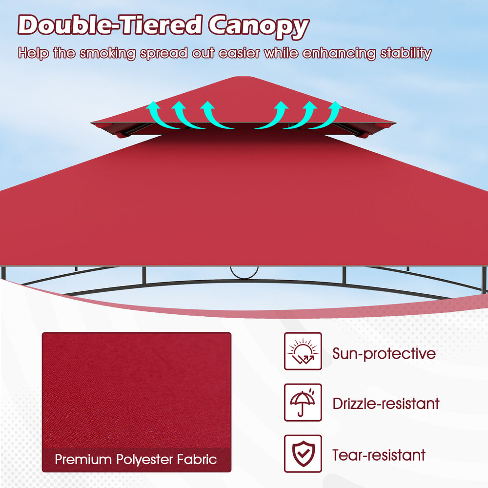 Double-tiered red canopy of outdoor grill gazebo made from premium polyester, providing sun protection and stability.