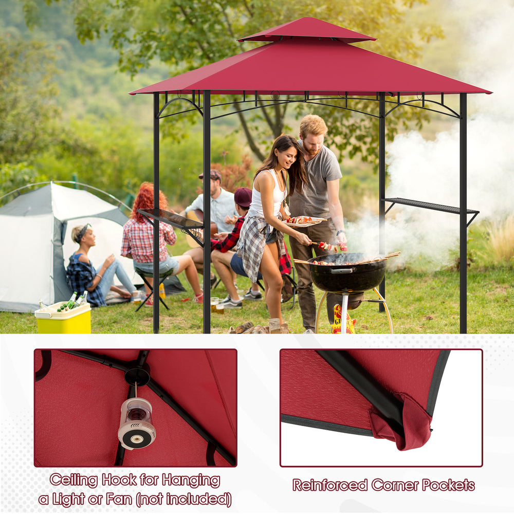 Outdoor double-tiered grill gazebo canopy in red with shelves, hooks, and ceiling hook for lights or fans, ideal for.