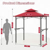 Outdoor double-tiered grill gazebo canopy in red, featuring 8 ft height, 2 shelves, and 7 hooks for grilling essentials.