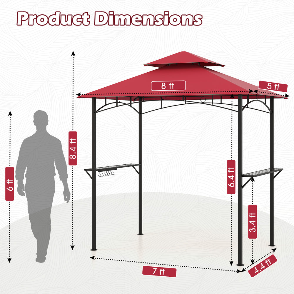 Outdoor double-tiered grill gazebo canopy in red, featuring 8 ft height, 2 shelves, and 7 hooks for grilling essentials.