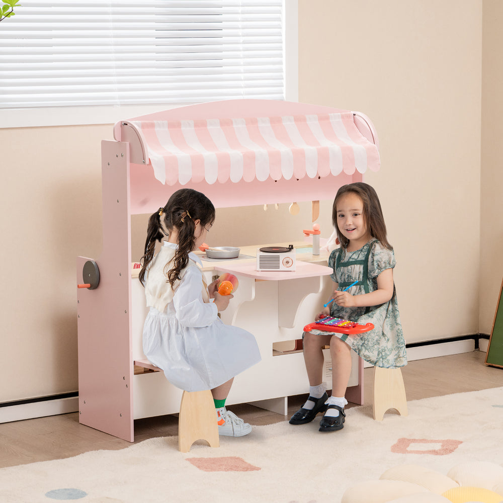 Double-sided kids play kitchen set with canopy, featuring realistic stove and two seats for imaginative role play.