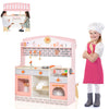 Double-sided kids play kitchen set with canopy, realistic stove, and 14 accessories for imaginative role play.