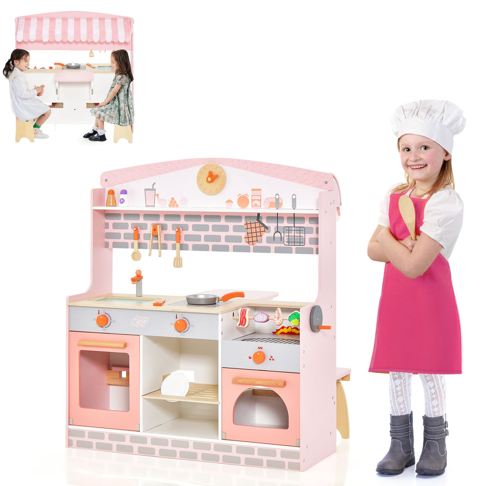Double-sided kids play kitchen set with canopy, realistic stove, and 14 accessories for imaginative role play.