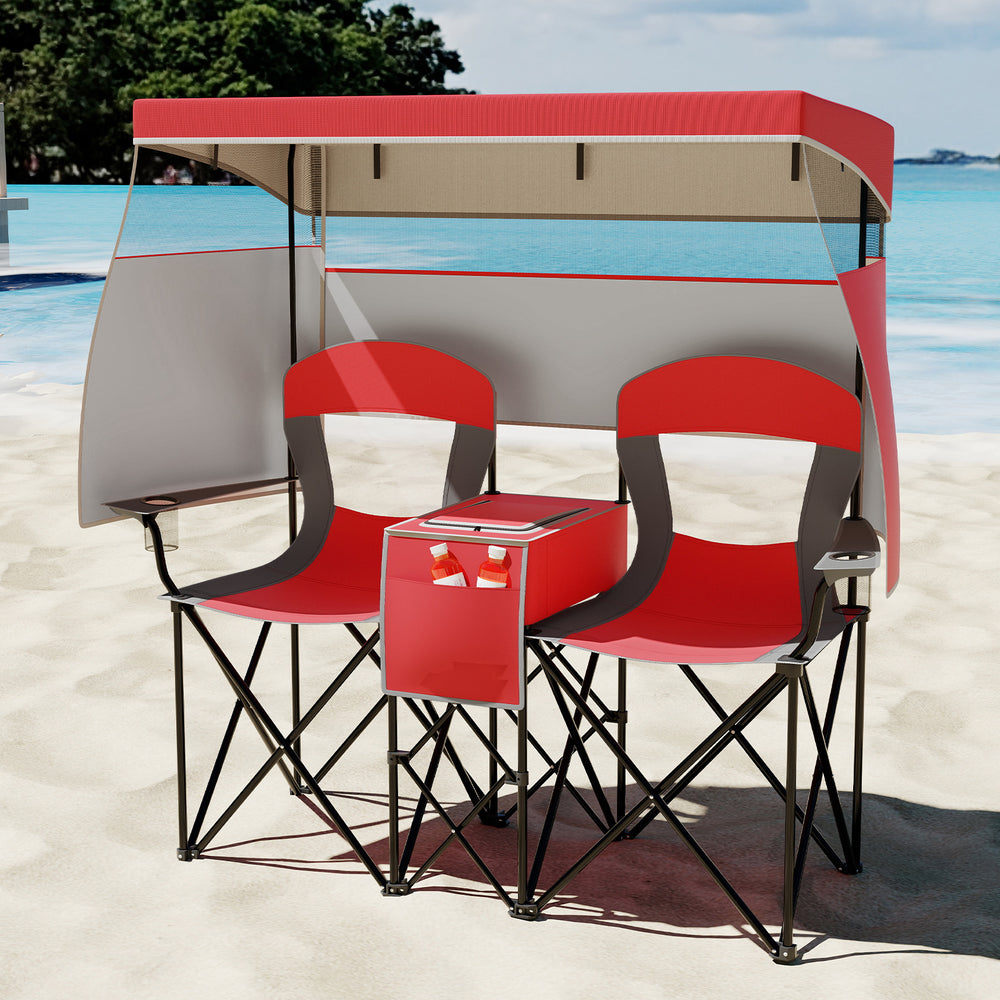 Double Beach Chair with Adjustable Canopy and 3 -Side Shading Curtains-Red - Gallery View 1 of 10