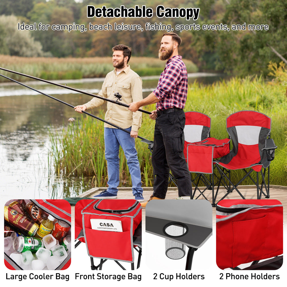 Double beach chair with adjustable canopy in red, featuring 3 shading curtains, cup holders, and a cooler bag for.