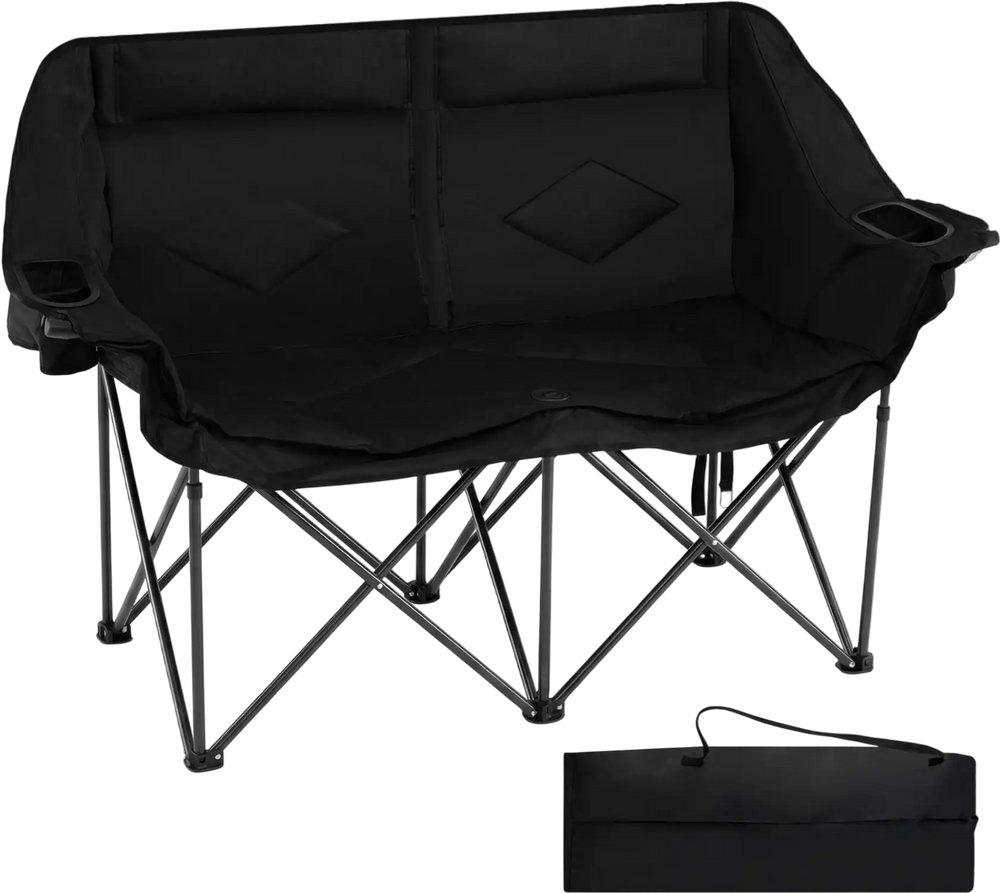 Double camping chair in black with cup holders, padded seat, and mesh pockets, ideal for outdoor relaxation.