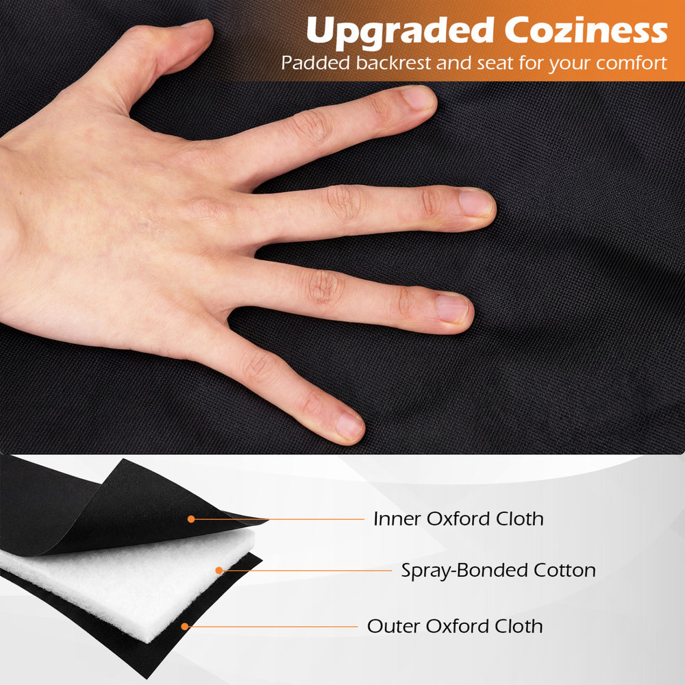 Close-up of the padded backrest and seat of the black double camping chair, featuring upgraded coziness for comfort.