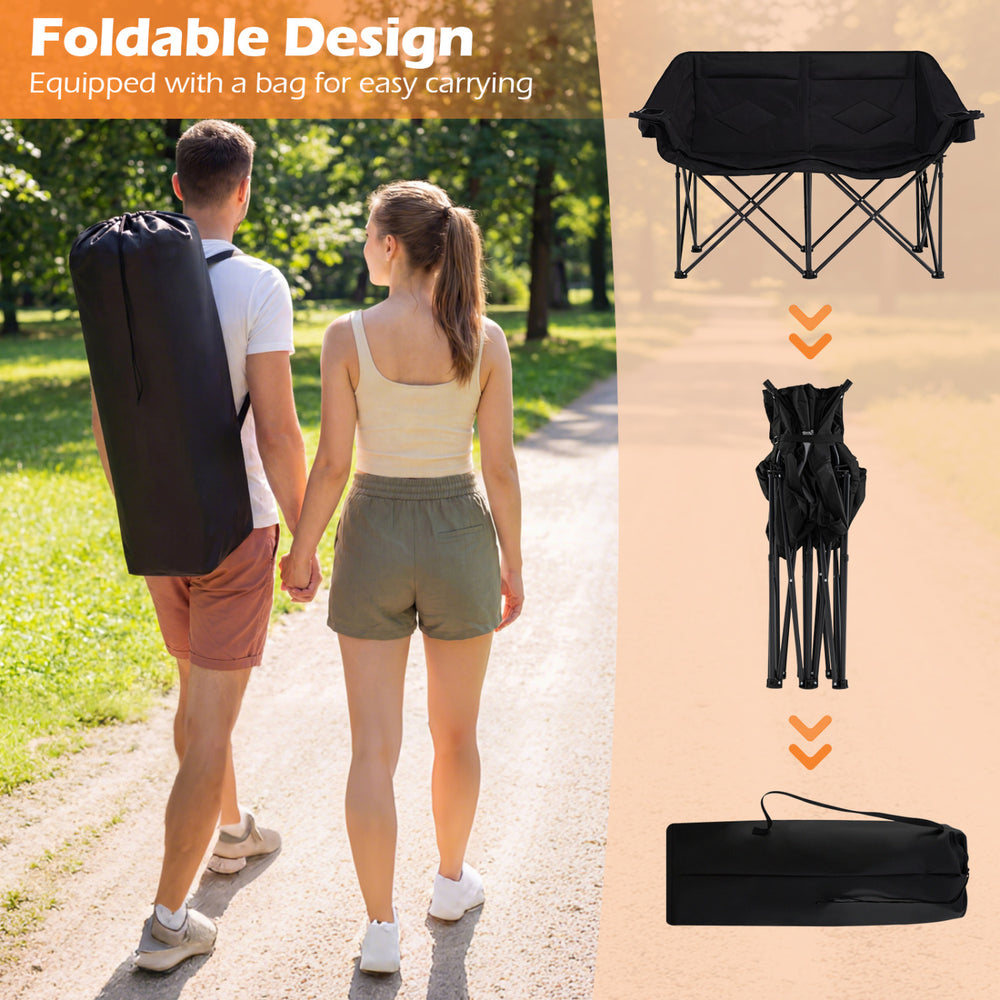 Double camping chair in black with cup holders, foldable design, and mesh pockets for easy outdoor use.