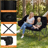 Double camping chair in black with cup holders, padded seat, and mesh pockets, ideal for outdoor outings and relaxation.