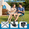 Side view of the blue double camping chair highlighting its sturdy X-shaped frame and anti-slip foot pads for stability.