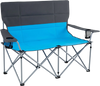 Double camping chair in blue with sturdy metal frame, cup holders, and carry bag for easy transport and outdoor.