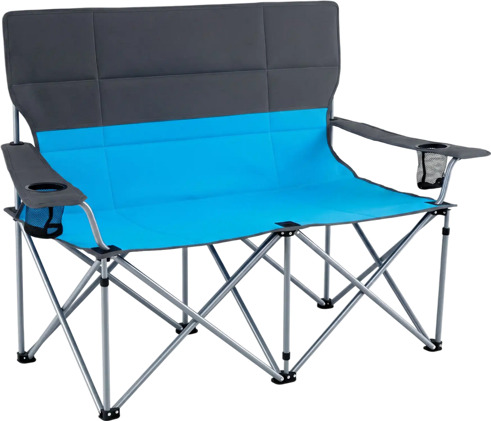 Double camping chair in blue with sturdy metal frame, cup holders, and carry bag for easy transport and outdoor.