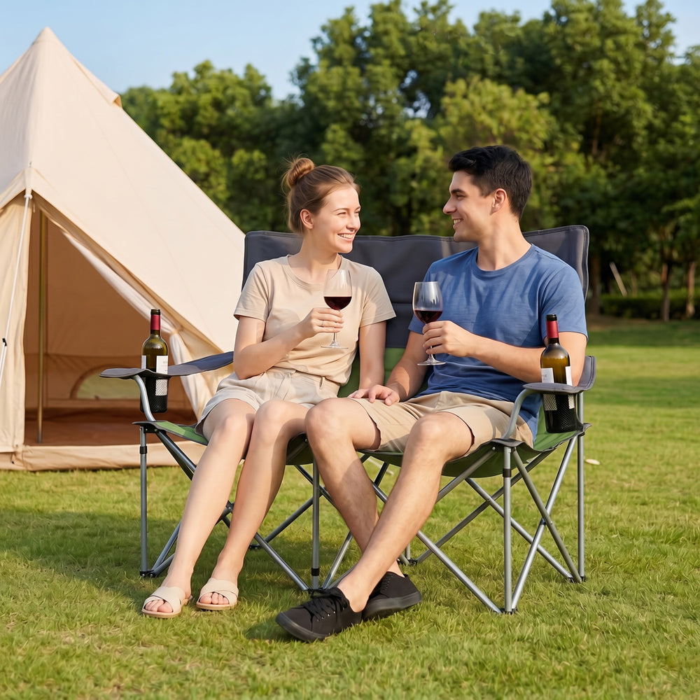Double Camping Chair with Carry Bag Cup Holders-Green - Gallery View 1 of 11