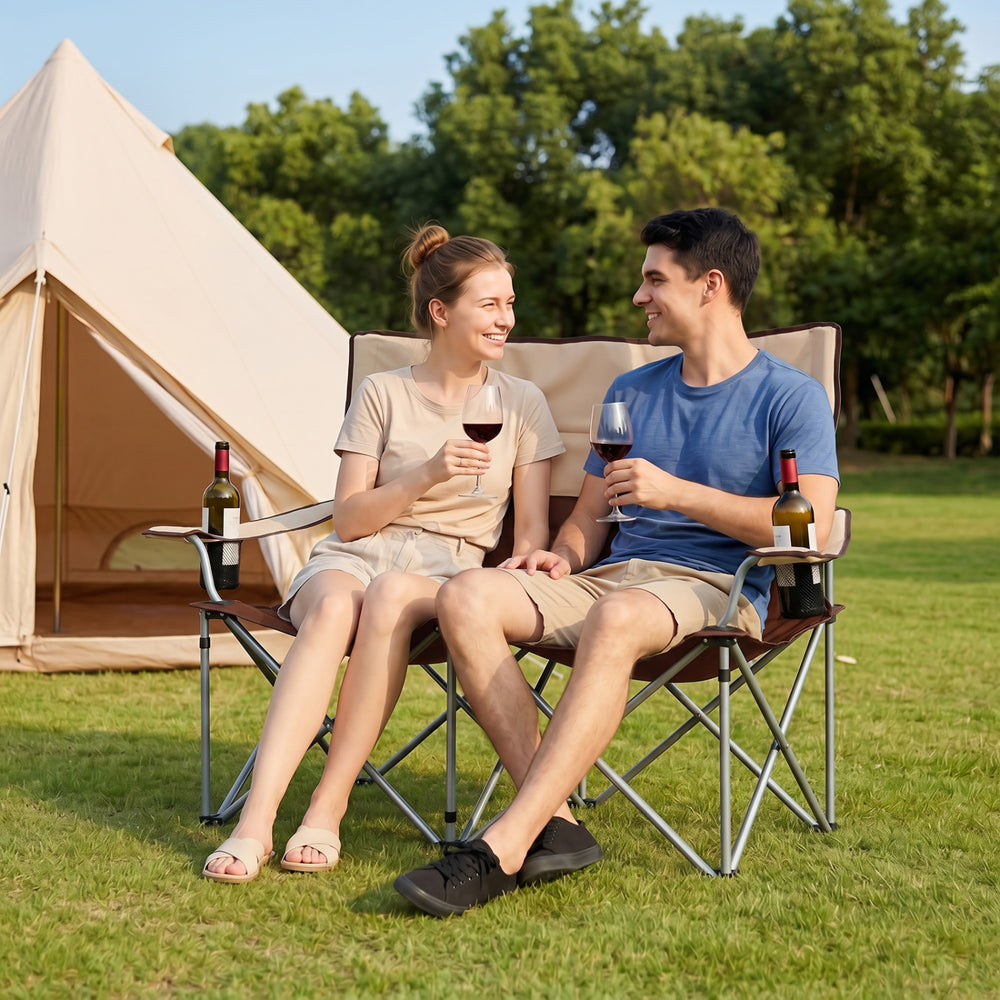 Double Camping Chair with Carry Bag Cup Holders-Brown - Gallery View 1 of 11
