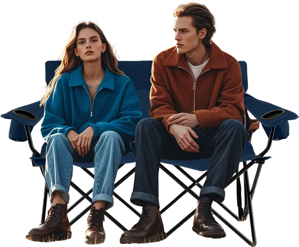 Double camping chair for two adults in blue, featuring cup holders, high backrest, and sturdy frame, ideal for outdoor.