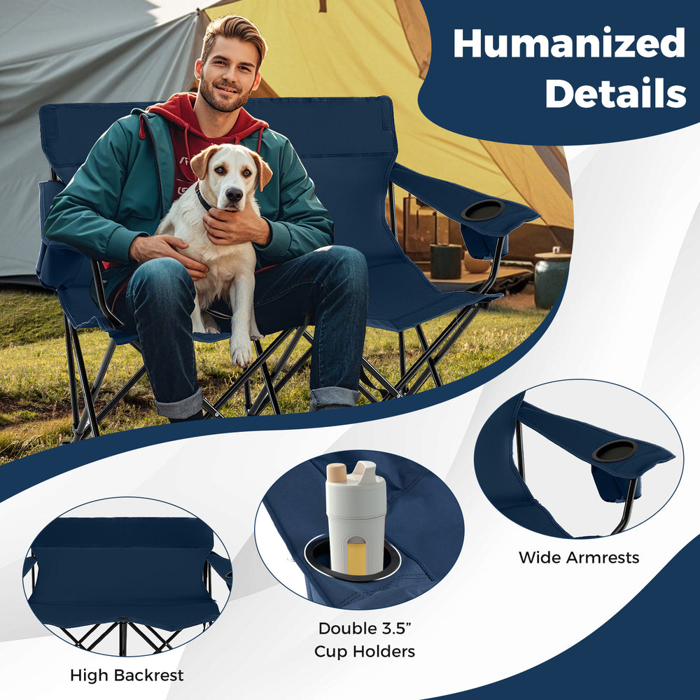 Double camping chair for two with high backrest, wide armrests, and double cup holders, ideal for outdoor relaxation.