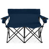 Double camping chair in blue, seats 2 adults, features cup holders, high backrest, and sturdy metal frame for outdoor.