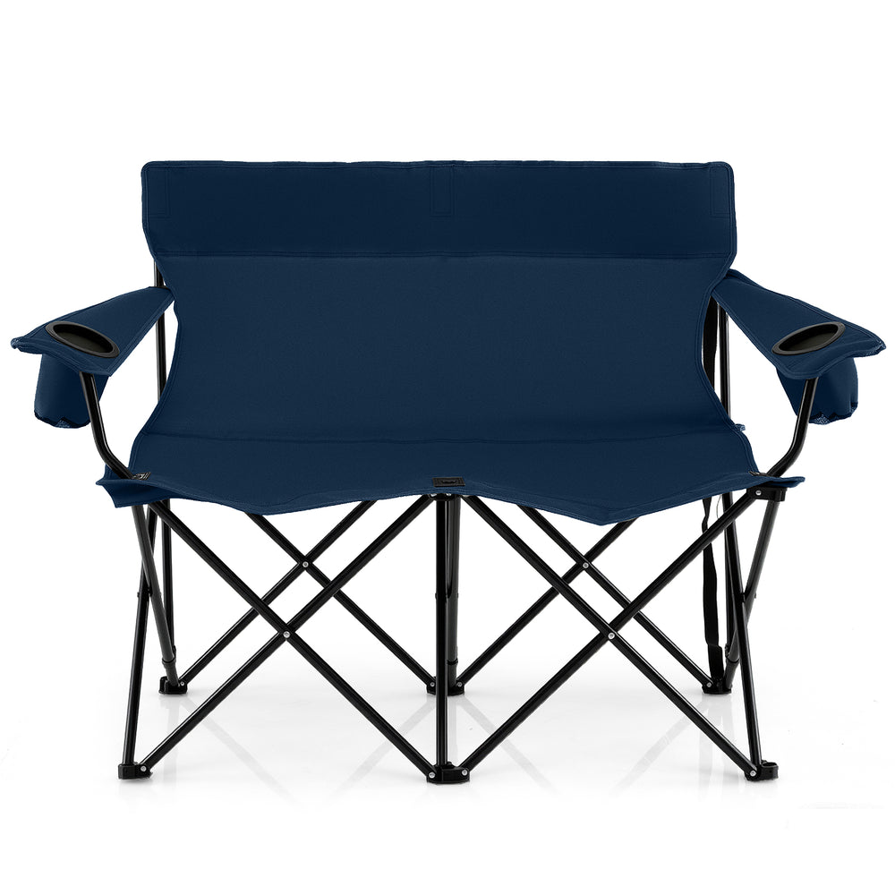 Double camping chair in blue, seats 2 adults, features cup holders, high backrest, and sturdy metal frame for outdoor.