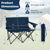 Double camping chair in blue with dimensions, featuring a strong metal frame and cup holders for outdoor use.