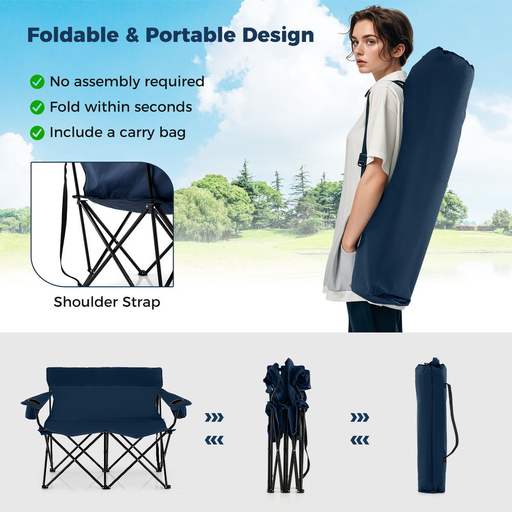 Double camping chair for 2 adults in blue, featuring a foldable design, cup holders, and included carry bag for easy.