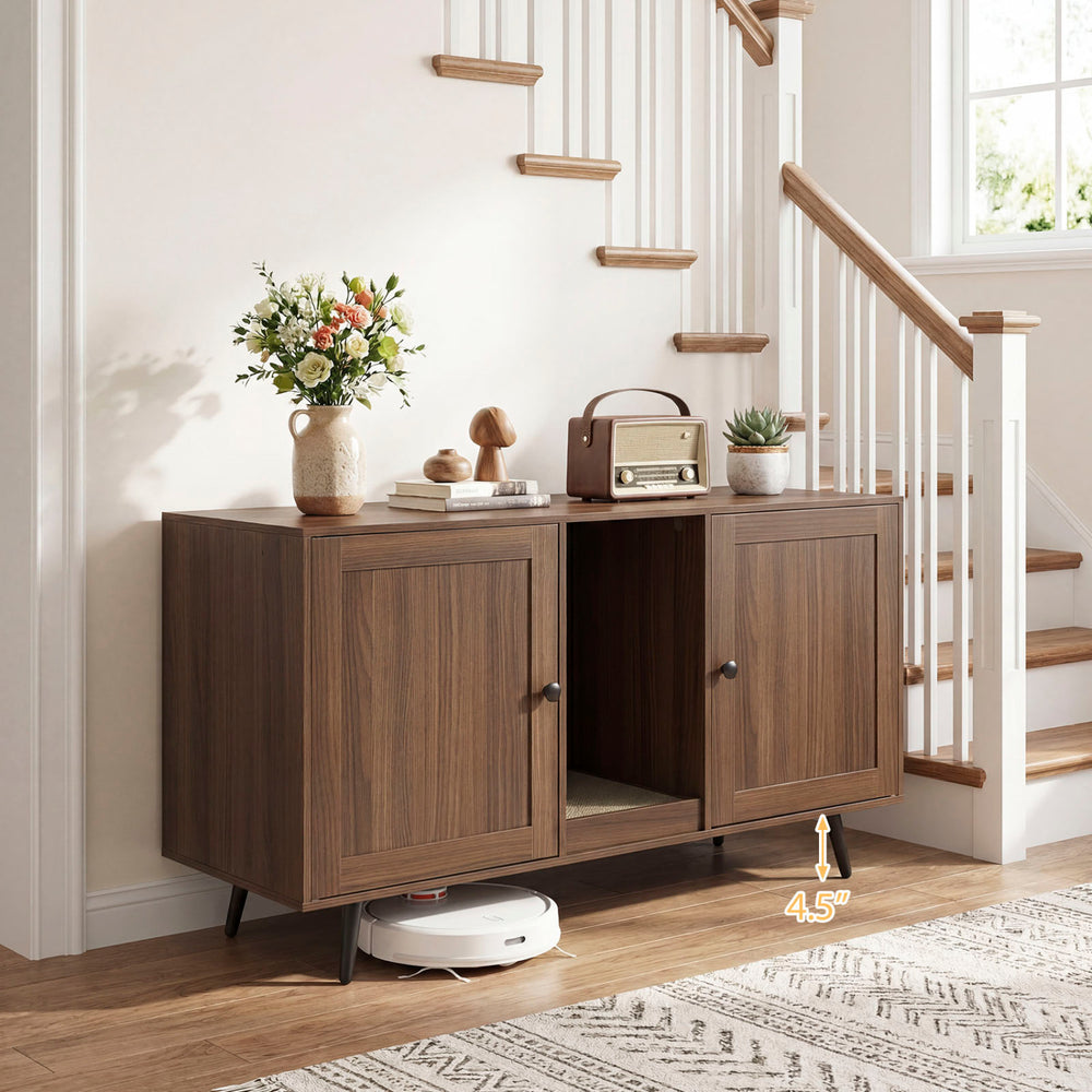 Double cat litter box enclosure in modern wood design with double rooms and scratching pad, ideal for indoor living.