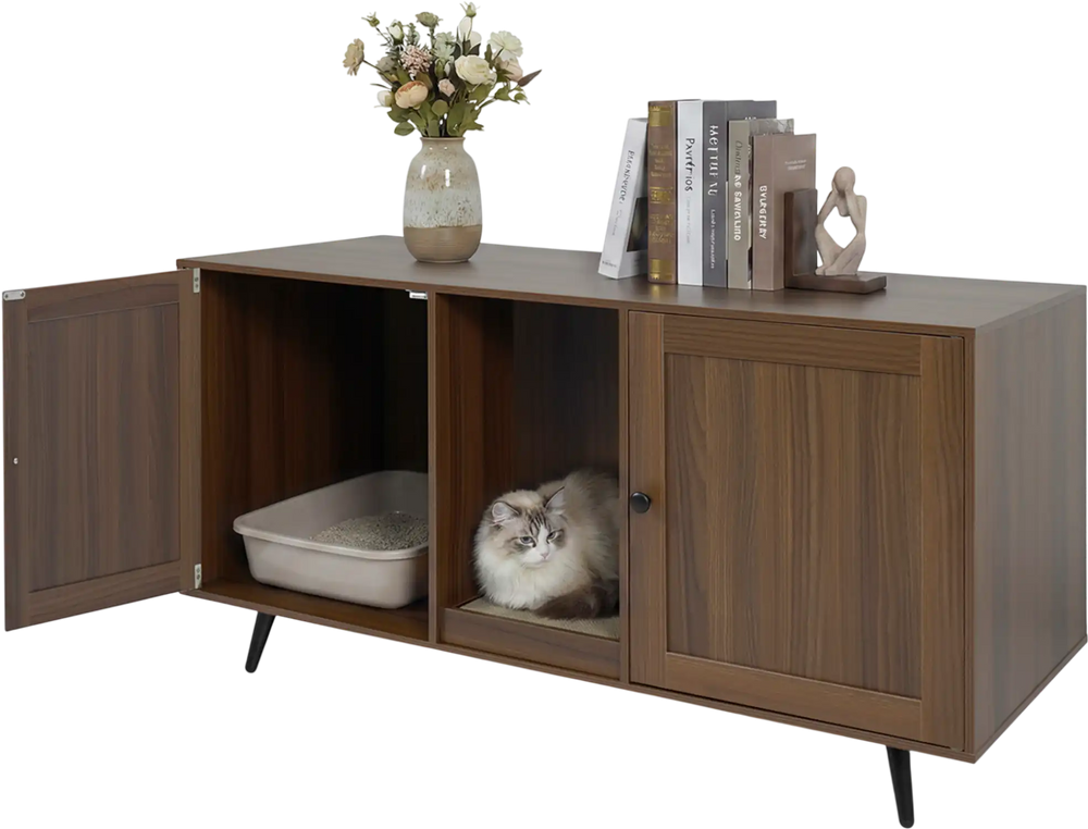 Double cat litter box enclosure in modern wood design, featuring two rooms and scratching pad for indoor living room.