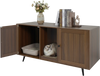 Double cat litter box enclosure in modern wood design, featuring two rooms and scratching pad for indoor living room.