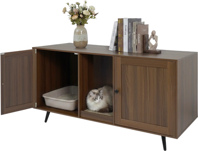 Costway Double Cat Litter Box Enclosure 2 Cats Double Rooms Scratching Pad 37449035 New