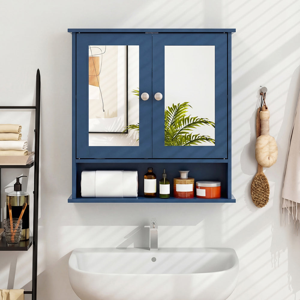 Double Door Wall-Mounted Bathroom Mirror Cabinet with Storage Shelf-Blue - Gallery View 1 of 10