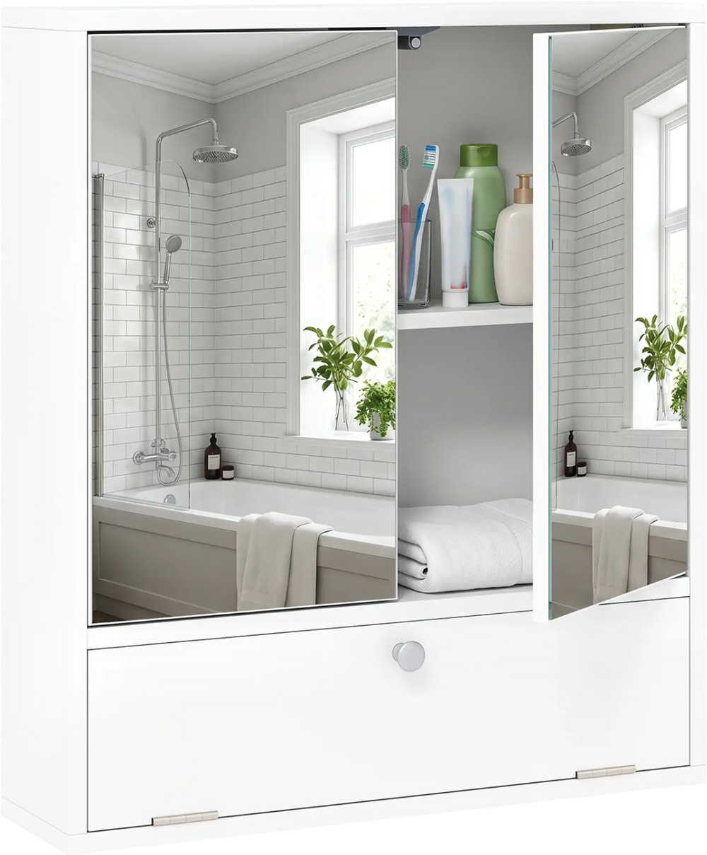 Double door wall-mounted bathroom mirrored medicine cabinet in white with a clean, elegant finish and ample interior storage space.